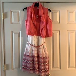 pink and white kids dress with belt and jacket